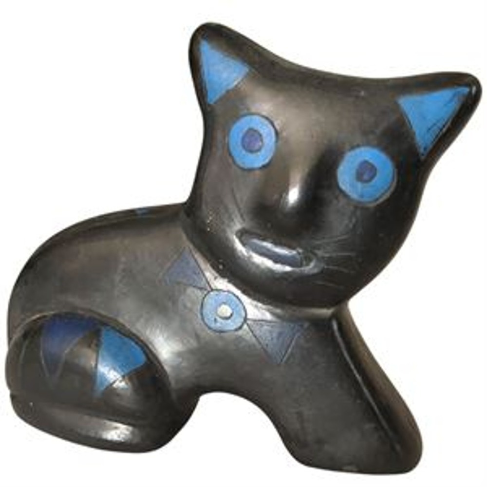 Vintage Manuel Felguerez Black Blue Cat MCM Mexican Barro Black Pottery Figurine
